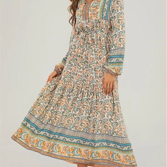 NWT! Gorgeous Boho Long Sleeve Midi Dress Ruffled Floral Tie Waist and Neck - Picture 7 of 7